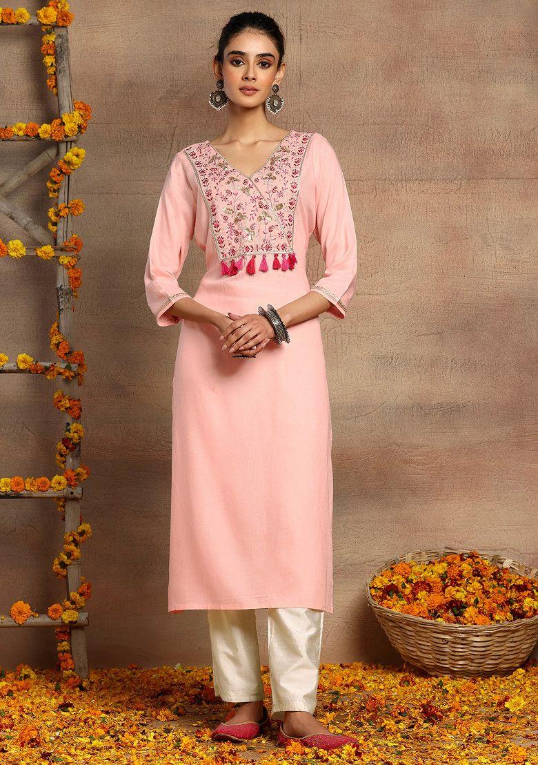 blush pink embroidered neck rayon a-line kurta