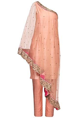 blush pink embroidered one shoulder tunic with attached cape & pants