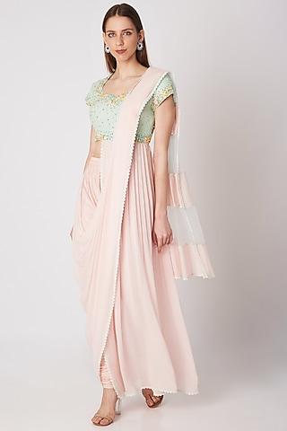 blush pink embroidered pant saree set