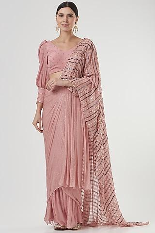 blush pink embroidered pre-draped saree set
