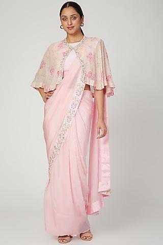 blush pink embroidered pre-stitched saree set