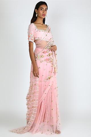 blush pink embroidered pre-stitched saree set