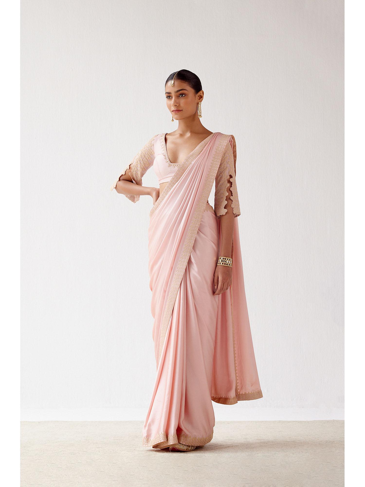 blush pink embroidered satin saree with stitched blouse (set of 2)