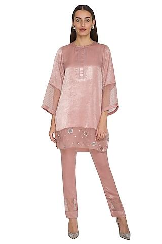 blush pink embroidered short tunic with cigarette pants