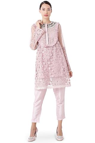 blush pink embroidered tunic set with ruffles
