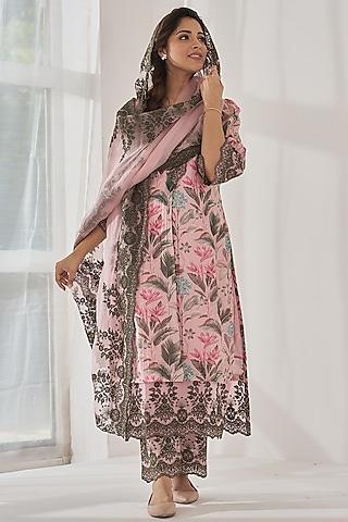 blush pink fine chanderi printed & embroidered kurta set