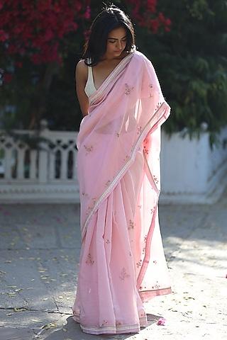 blush pink fine handloom chanderi silk resham embroidered saree