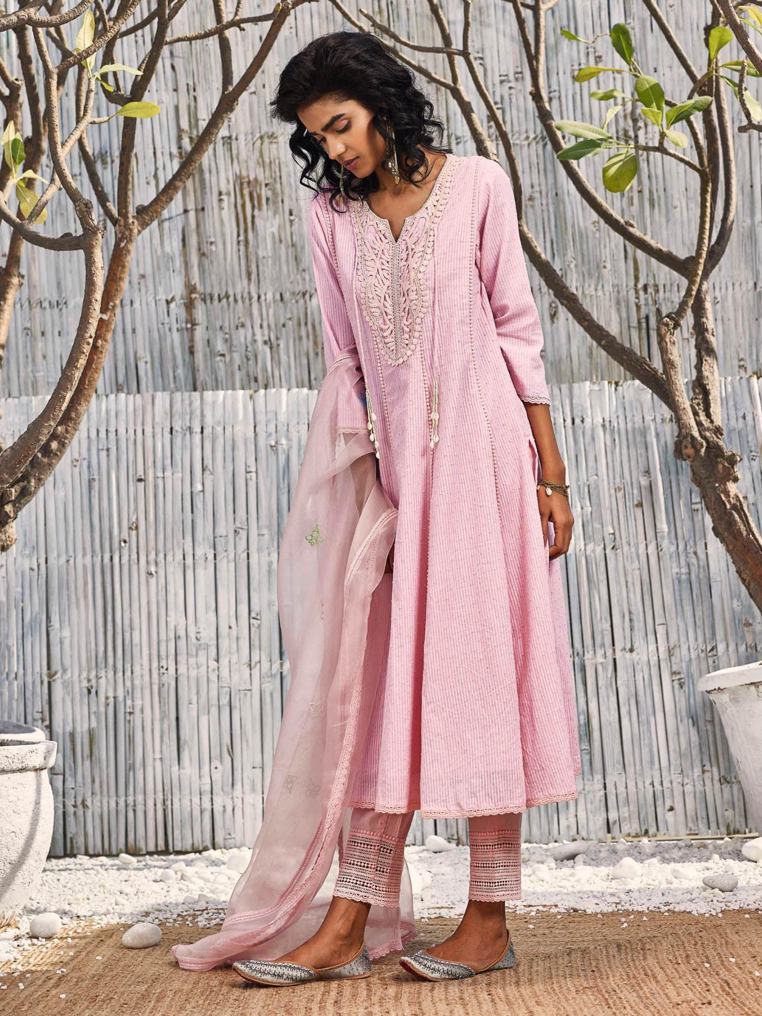 blush pink flary cotton kurta with pant (set of 3)