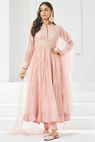 blush pink flat silk embroidered anarkali set