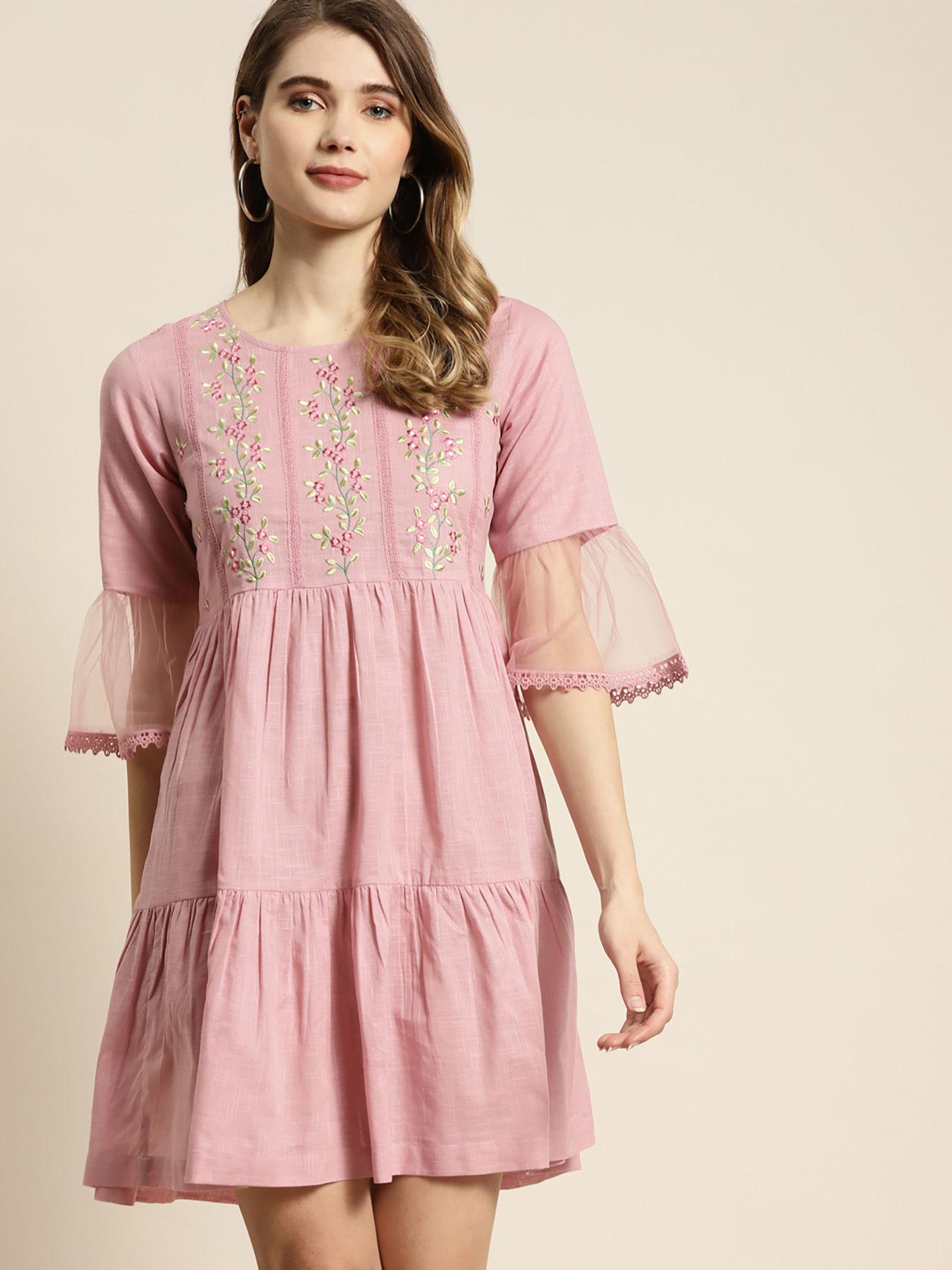 blush pink floral printed cotton slub tiered short dress with thread work embroidery