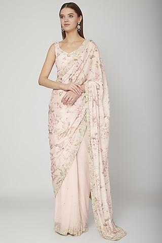 blush pink floral printed pre-stitched saree set