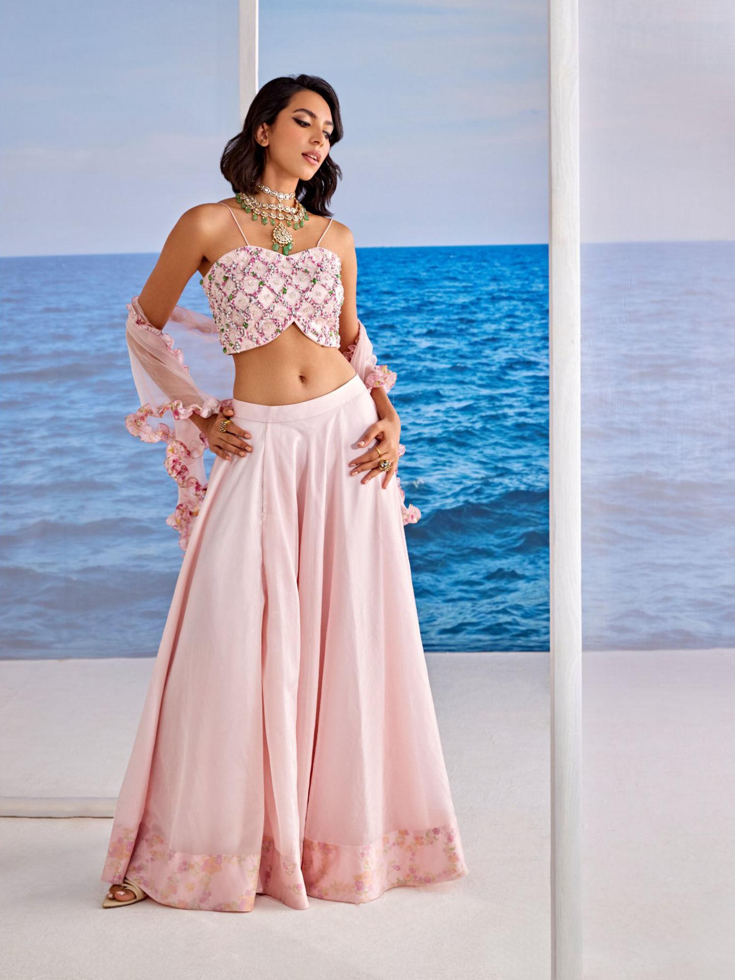 blush pink fusion lehenga with stitched blouse & dupatta (set of 3)