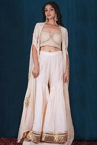 blush pink georgette aari embroidered cape set