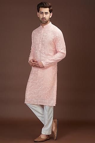 blush pink georgette chikankari embroidered kurta set