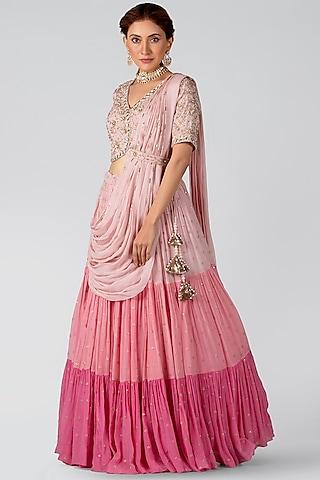 blush pink georgette crepe layered lehenga set