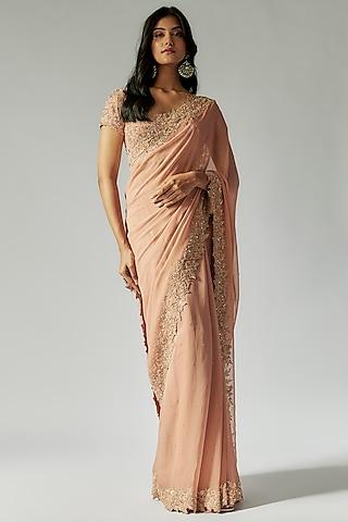 blush pink georgette cutdana embroidered saree set