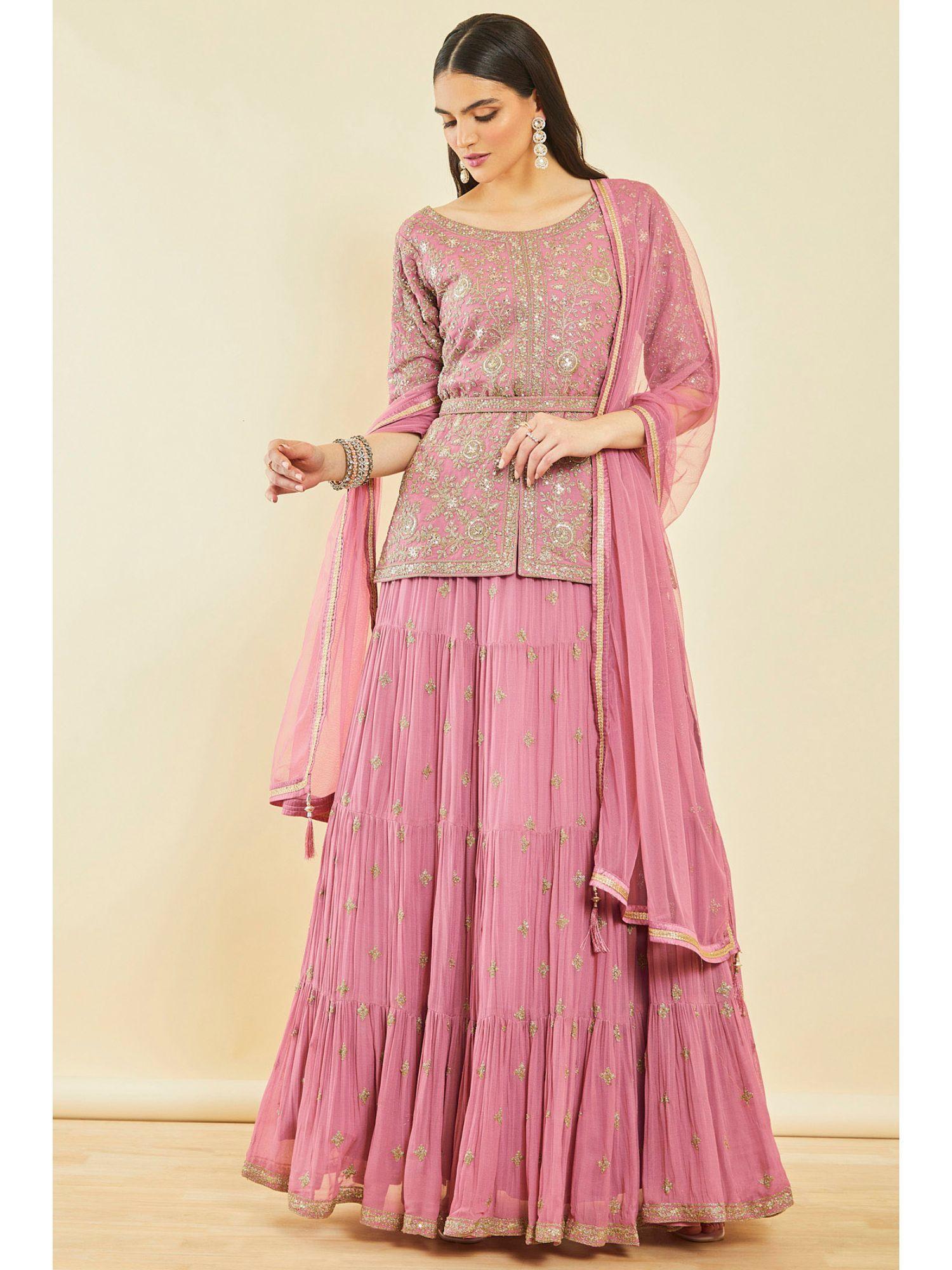 blush pink georgette embroidered ghagra choli with beads (set of 4)
