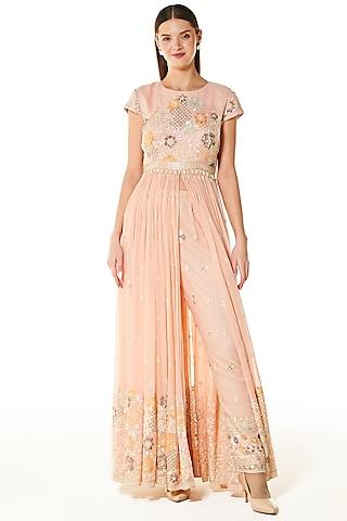 blush pink georgette embroidered gown