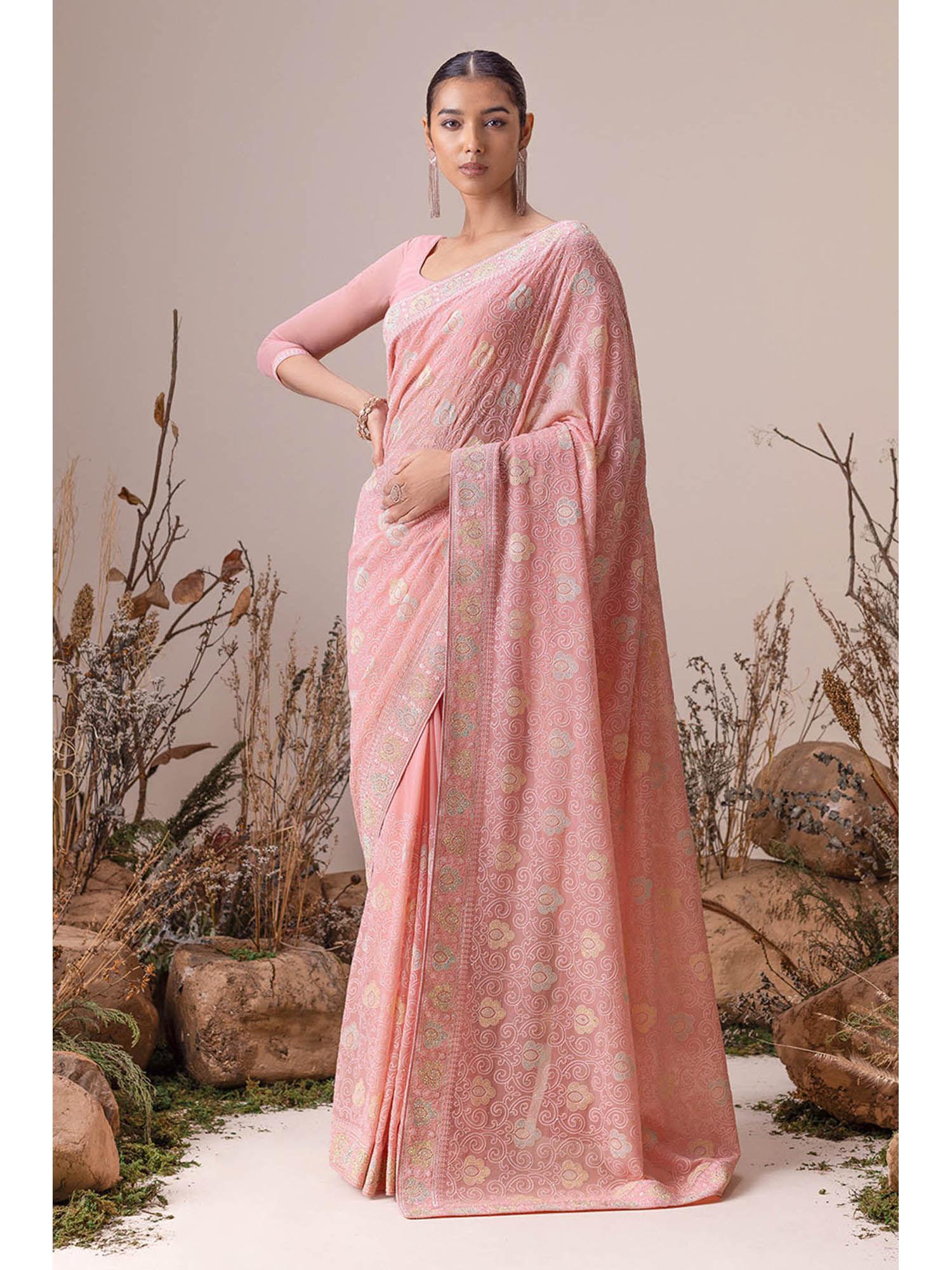 blush pink georgette floral embroidery and stone work saree with unstitched blouse