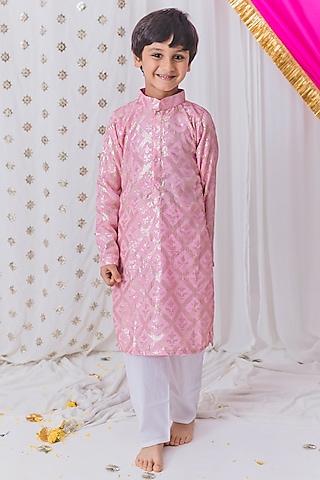 blush pink georgette hand embroidered kurta set for boys