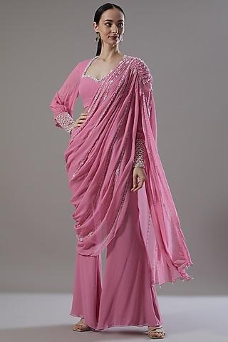 blush pink georgette pant saree set
