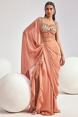 blush pink georgette pre-draped concept saree set