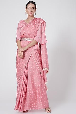 blush pink hand embroidered & printed saree set