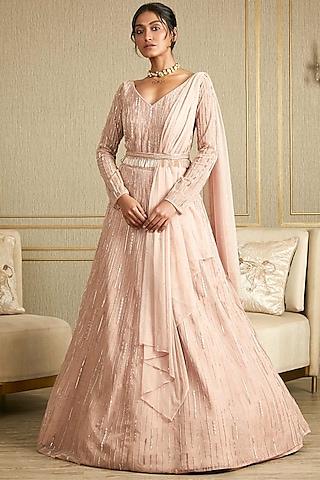 blush pink hand embroidered gown with dupatta