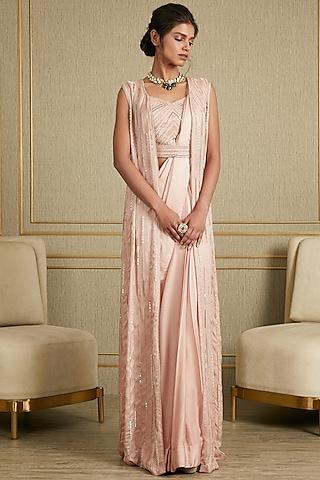 blush pink hand embroidered saree set with cape