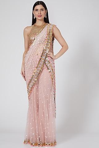 blush pink hand embroidered saree set