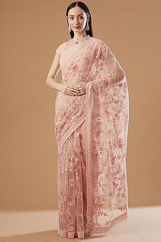 blush pink hand embroidered saree set