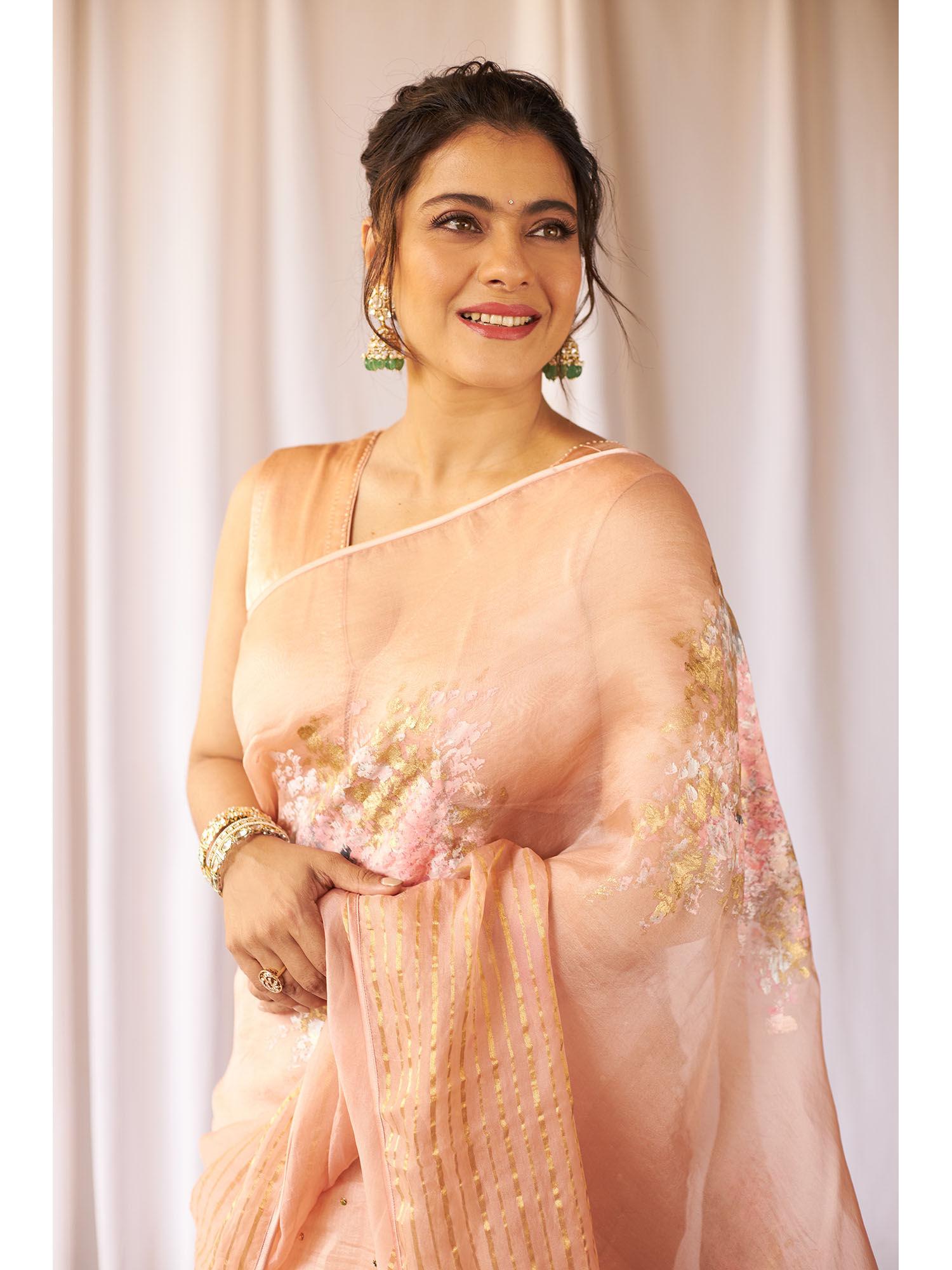 blush pink hand-painted organza saree with stitched blouse (set of 2)