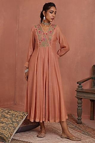 blush pink handwoven chanderi hand embroidered angrakha dress