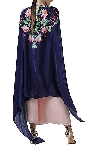 blush pink kurta and palazzo with navy embroidered print cape