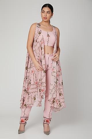 blush pink leaf printed bustier with pants & cape