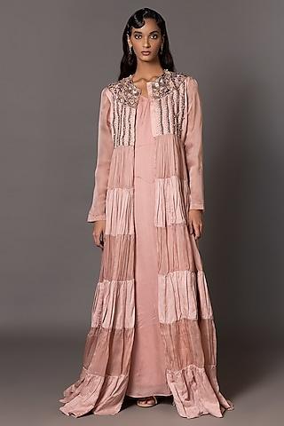 blush pink linen satin & satin organza metallic embroidered jacket dress