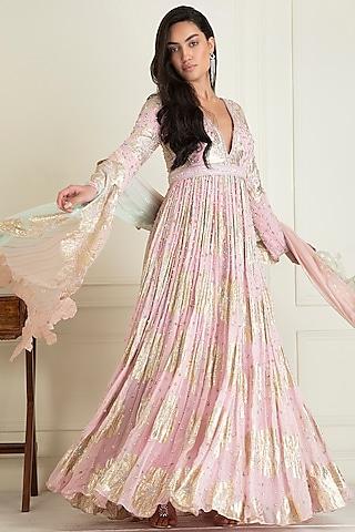 blush pink lurex georgette embroidered anarkali set