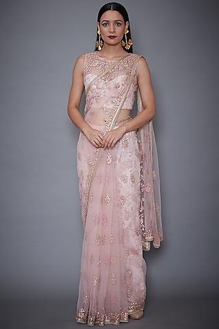 blush pink machine & hand embroidered saree set