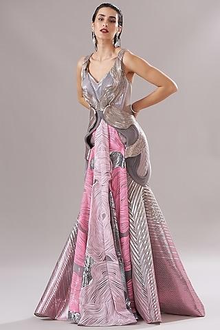 blush pink metallic polymer embroidered draped gown