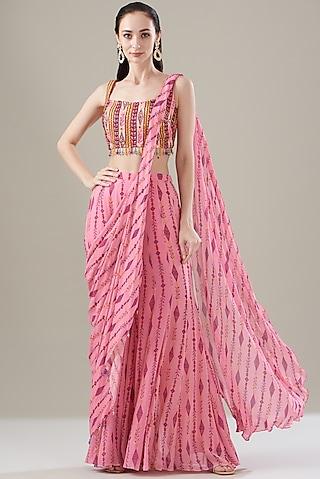 blush pink modal & tulle printed pant saree set