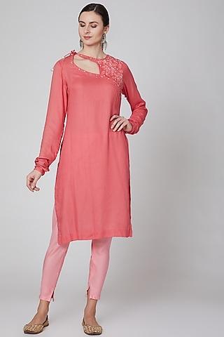 blush pink modal embroidered kurta set for girls
