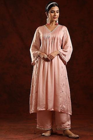 blush pink modal satin embroidered kurta set