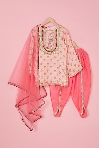 blush pink modal satin printed kurta set for girls
