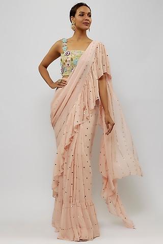 blush pink mukaish georgette pre-stitched ruffled saree set