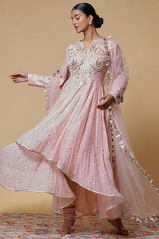 blush pink mukaish silk mulmul embroidered anarkali set