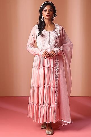 blush pink muslin silk hand embellished anarkali set