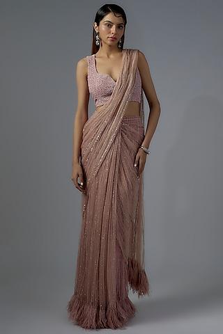 blush pink net & viscose feather embellished saree set