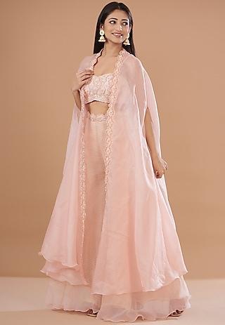 blush pink organza & raw silk embroidered cape set