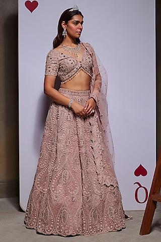 blush pink organza & tulle mesh embellished lehenga set