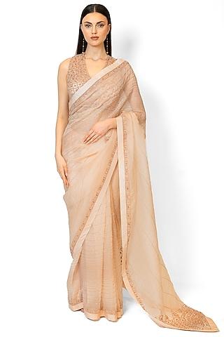 blush pink organza embroidered saree set